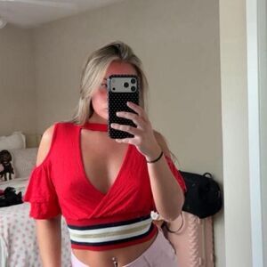 Red striped crop top with a cold shoulder cutout